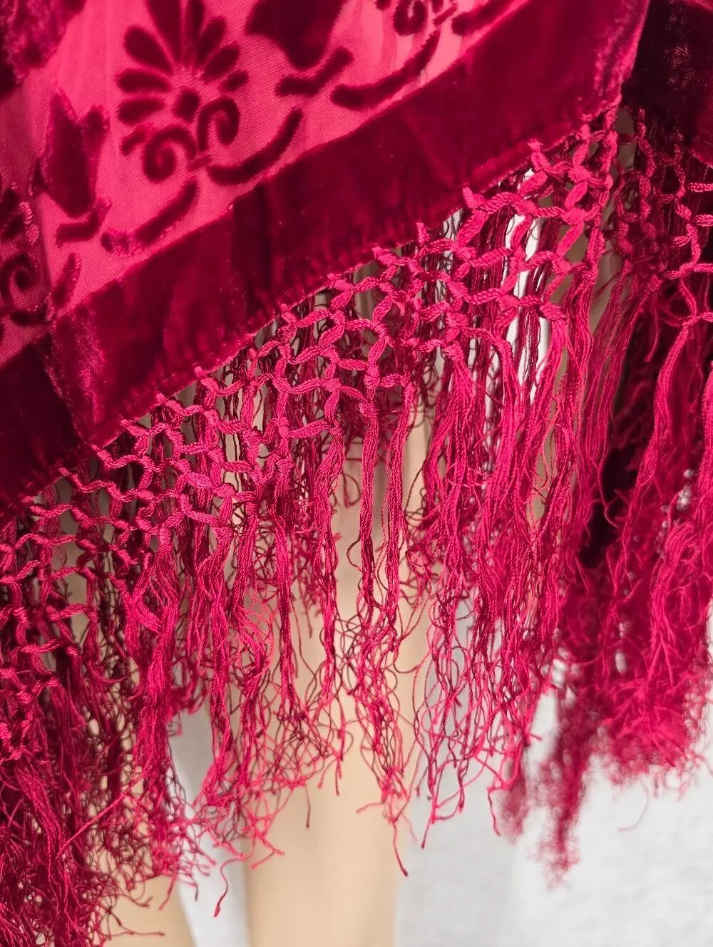 Silk Blend Velvet Burnout Floral Fringe Shawl Scarf Deep Burgundy Red Square